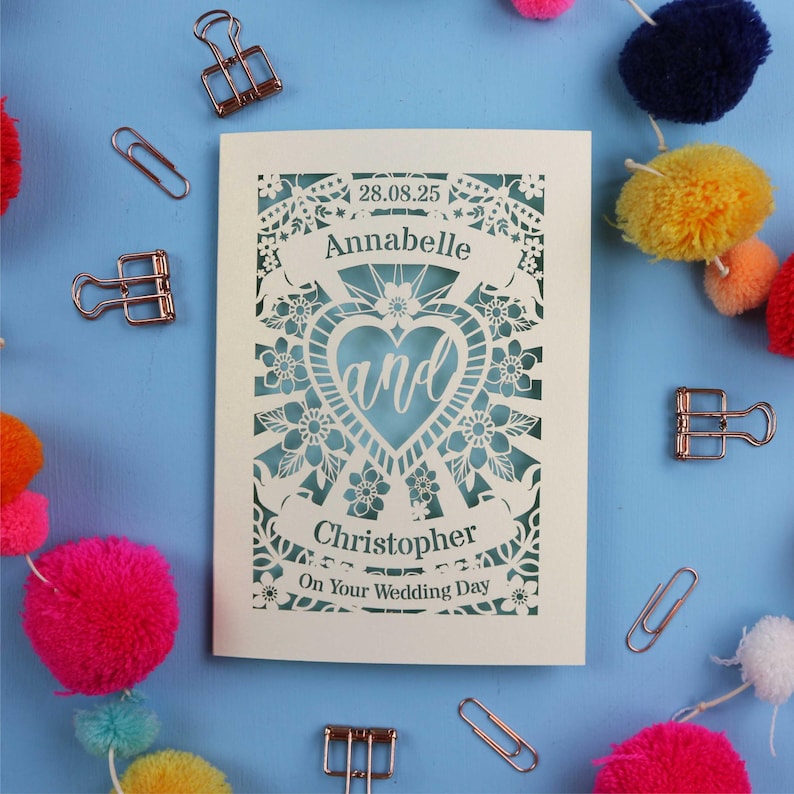A personalised laser cut wedding card with floral filigree papercut design. Card has a space for the date at the top, a banner with a name, a heart shape with the word 'and' and another banner for the second person's name. Card says on your wedding day at the bottom.