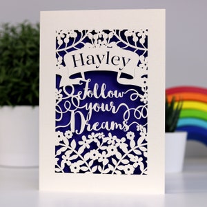 Follow Your Dreams Personalised Papercut Card, Good Luck, Graduation, Leaving Card, Laser Cut Card, sku_follow_your_dreams Violet