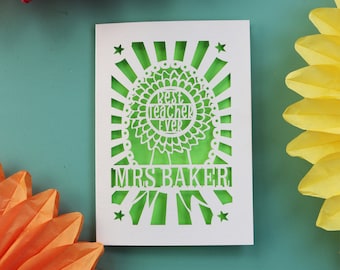 Personalised Paper Cut Thank You Teacher Card, Best Teacher Rosette