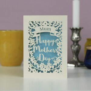 Personalisierte Papierschnitt Muttertagskarte, Laser geschnitten Mama Karte, sku_m.p.banner Light Blue
