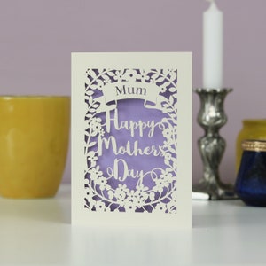 Personalised Papercut Happy Mother's Day Card, Laser cut mummy card, sku_m.p.banner Lavender