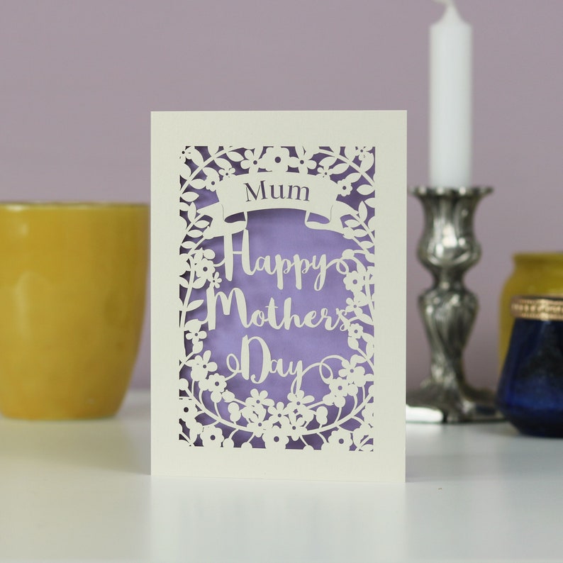 Personalised Papercut Happy Mother's Day Card, Laser cut mummy card, sku_m.p.banner Lavender