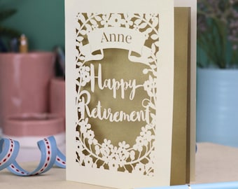 Personalised Papercut Retirement Card, Laser Cut On Your Retirement Greeting Card, Leaving, Retiring Cards For Colleagues