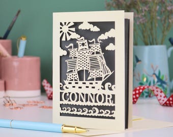 Personalised Pirate Ship Birthday Card | Laser Cut Age Cards