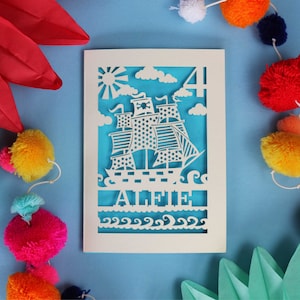 Personalisierte Papierschnitt Piratenschiff Kindergeburtstag Laser Cut Alterskarte, Pogofandango Papierschnitt Kindergeburtstagskarten