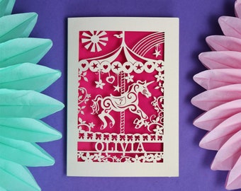 Personalised Papercut Merry Go Round Card, Carousel Birthday Age Card, Laser Cut Card, sku_merry_go_round
