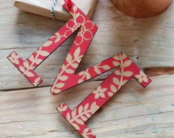 Red Floral Wooden Letter Hanging Decoration, Floral Painted Engraved Initial Gift Tag, Christmas Ornament