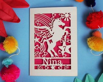 Personalised Laser Cut Papercut Unicorn and Rainbow Age Birthday Card for Her, sku_unicorns