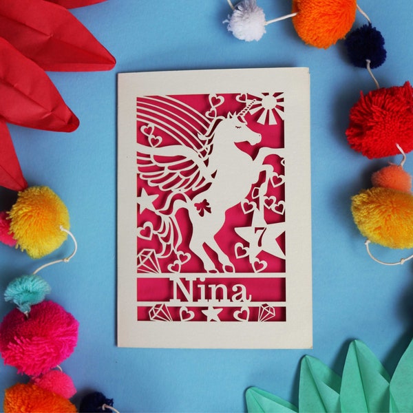 Personalised Laser Cut Papercut Unicorn and Rainbow Age Birthday Card for Her, sku_unicorns