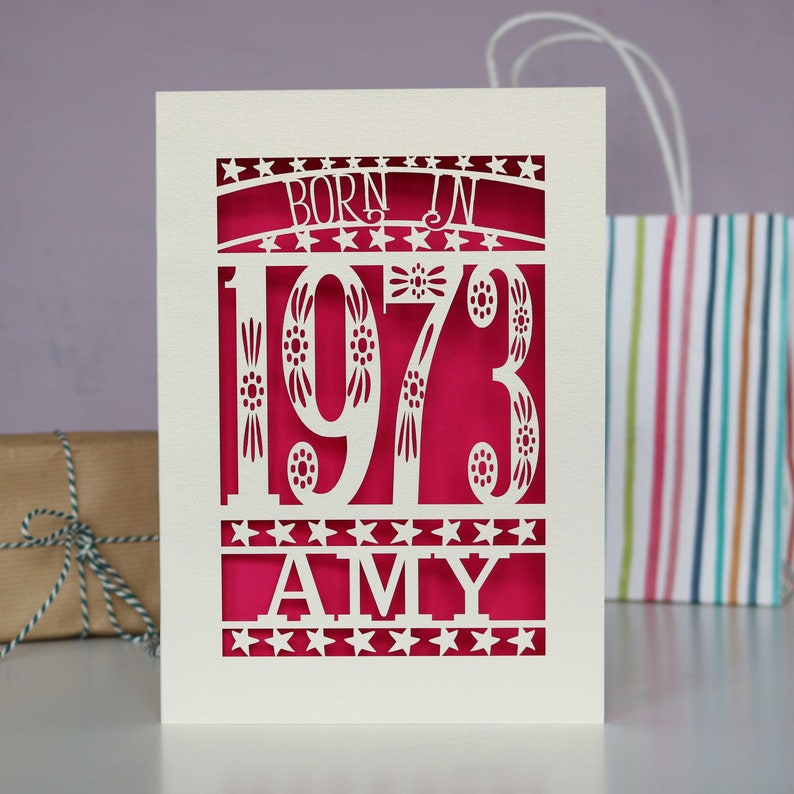 Personalised Papercut Born In 1973 50th Birthday Card A5 size, sku_Born_in Shocking Pink