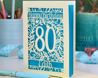 Personalized 80th Birthday Card: Floral Papercut, Laser Cut Design