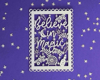 Believe in Magic Papercut Quote Postcard, gift for good luck, laser cut note