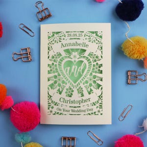 A unique personalised laser cut wedding card with floral filigree papercut design. Card has a space for the date at the top, a banner with a name, a heart shape with the word 'and' and another banner for the second person's name. Card says on your wedding day at the bottom.