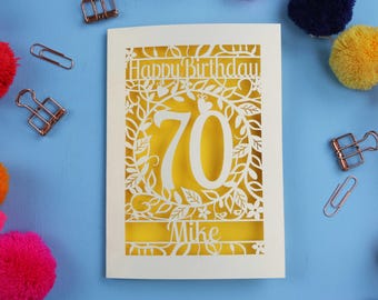 Carte personnalisée pour 70e anniversaire – Design découpé au laser – Idées pour 70e anniversaire