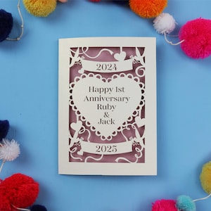 Carte papercut d'anniversaire de mariage, carte personnalisée d'anniversaire de mariage, or, argent, rubis, corail, diamant, perle