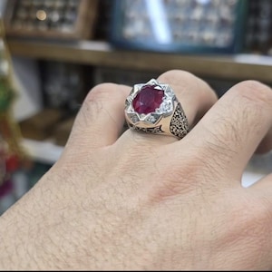 Handmade 6 Carat Red Ruby Ring, Sterling Silver Mens Yaqoot Ring