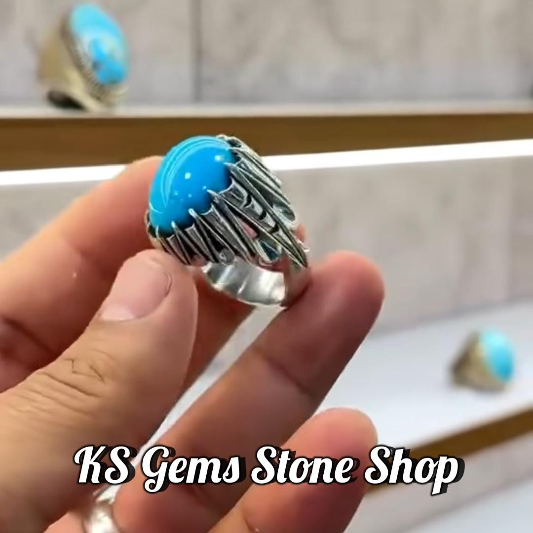 Handmade Sterling Silver Feroza Ring – Natural Oval Blue Turquoise Men ...