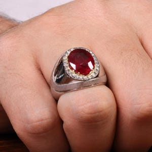 Naturlig röd rubinring för män, 8 karat rubinring, handgjord 925 sterlingsilverring, filigranring, vintage statementsmycken, present till honom
