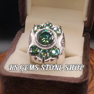 Green Moissanite Diamond Engagement Ring: Sterling Silver Art Deco Band