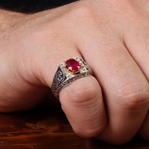 Men's Natural Red Ruby Ring – Handmade 925 Sterling Silver Art Deco Gemstone Jewelry