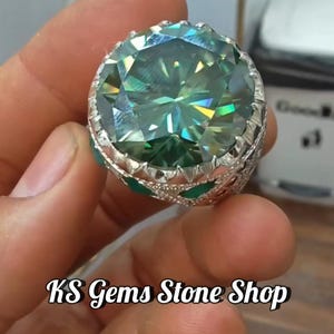 Green Moissanite Diamond Engagement Ring: Sterling Silver Art Deco Band