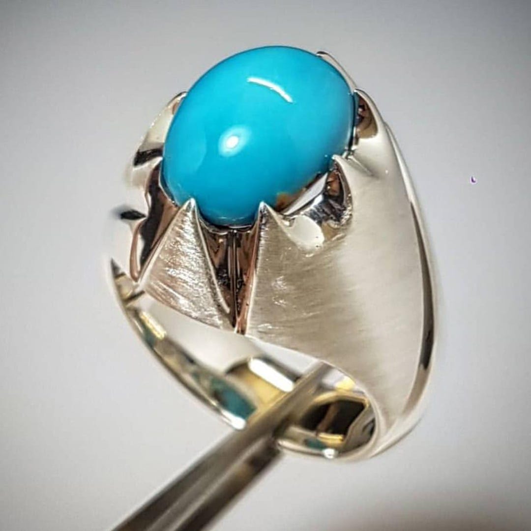 Sterling Silver Natural Turquoise Mens Ring: Art Deco Feroza Gemstone ...