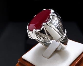 Anello da uomo con rubino naturale da 8 carati, anello Yaqoot, anello in argento sterling 925 fatto a mano, anello con sigillo con rubino rosso, anello Art Déco di grande effetto, regalo per lui