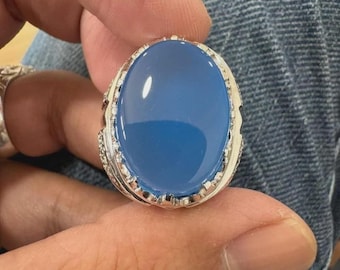 ブルーカルセドニーのAqeeqストーンリング – スターリングシルバーに 