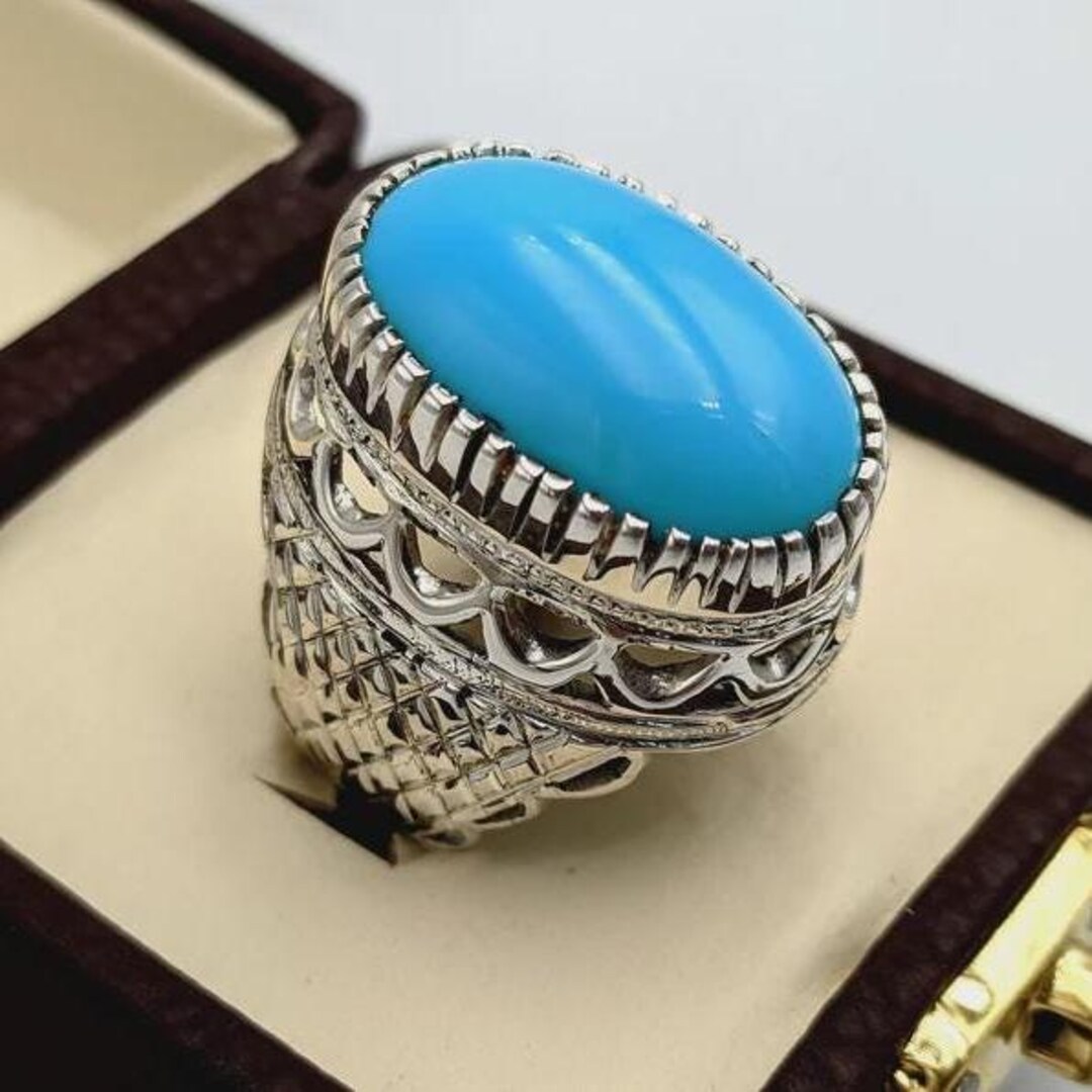 Handmade Sterling Silver Feroza Ring – Natural Oval Blue Turquoise Men ...