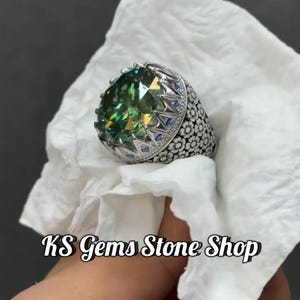 Green Moissanite Diamond Engagement Ring: Sterling Silver Art Deco Band