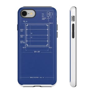May include: A blue and white phone case featuring a blueprint design of a boxing ring. The design includes measurements of 20' x 20' and 18" x 12". The case also shows the words "RING SYSTEM - REV. 01".