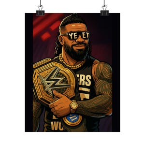 Jey Uso affiche physique de dessin animé | Impression d&#39;art mural YEET Champion de la WWE | Décoration de catch pour les chambres à coucher, les gymnases, les salles de jeux et les grottes de fans