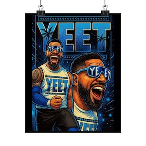 Jey Uso YEET WWE Poster - Impression d&#39;art mural dessin animé physique - Déco de fan de catch pour chambre à coucher, dortoir, studio ou homme des cavernes