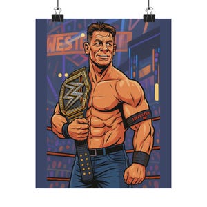 Cartoon John Cena WWE Champion Physical Poster | Hustle Loyalty Respect Wall Art | Wrestling Decor for Kids Room or Man Cave