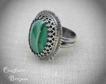 Malachite Cabochon Ring Size-7, Sterling Silver Ring S-7,  Handmade Ring S-7, Big Sterling Statement Ring S-7, Boho Chic Ring Size-7