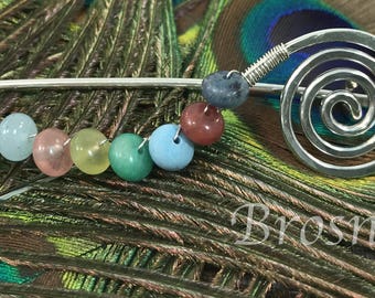 Spiral Fibula Pin with Gemstones in Sterling Silver