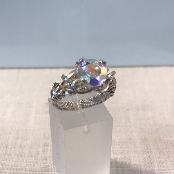 Mercury Mist,Mystic Topaz 9mm Sterling Silver Ring Size 7 Handmade Wire Wrapped Ring Silver Jewery Solitaire Ring