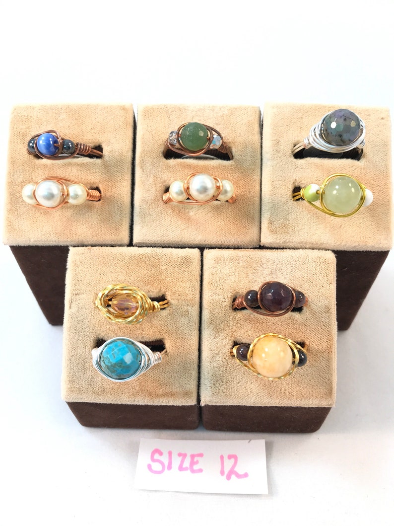 Fun rings size 12, handmade with pearls, gemstone beads, crystals, glass pearl beads, using bare copper, non-tarnish, and silver plate coppe image 5