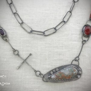 Ocean Jasper Pendant Handmade with Carnelian,  Charoite Cabochons and Mystic Labradorite and Carnelian Beads, OOAK