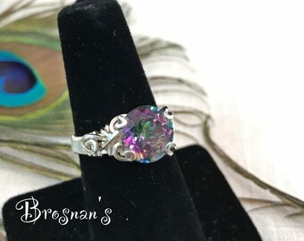 Brilliant Mystic Topaz 10mm Stone Ring Size 7.5, Wire Wrapped Sterling Silver Ring Size 7.5, Solitare Mystic Topaz Ring Size 7.5