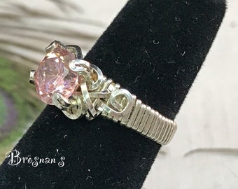 Solitaire Round Brilliant Cut Pink 8mm Faceted Stone Set in Silver Fill,  Solitaire Ring Size-5, Handmade Wire Wrapped Ring Size-5