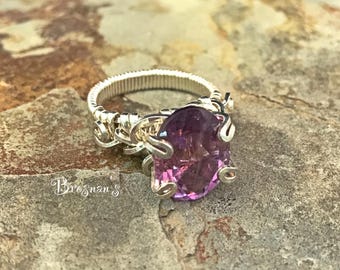 Faceted Amethyst in Sterling Silver Setting Size 7 Ring, Sterling Silver Ring, Wire Wrapped Jewelry, Birthstone Ring