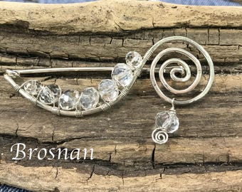 Spiral Fibula Pin in Sterling Silver & AB Crystals