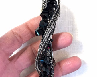 Wire Wrapped Sterling Silver Handmade Hair Barrette with Black Crystals, Made with a Nicole Hanna Pattern