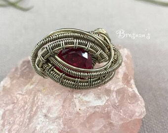 Lab Created Ruby Ring Size 8.5, Handmade Wire Wrapped Ring, Ring Size 8 1/2, Birtstone Ring, Nickle Silver Ring Size 8.5