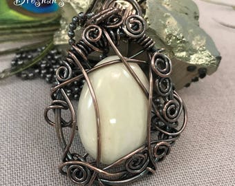 White Agate Pendant Set in Copper Wire Wrapped, Handmade Copper Pendant, White Agate Pendant