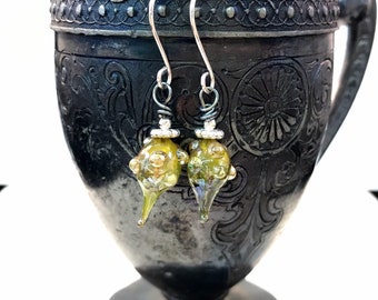 Hand blown Glass Dropplets Keylime Pie Earrings in Sterling Silver, Handmade Wire Wrapped Earrings