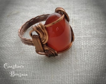 Carnelian Cabochon Ring Size-7, Non-Tarnish Antiqued Copper Ring Size-7, Handmade Ring Size-7, Wire Wrapped Ring S-7, September Birthstone