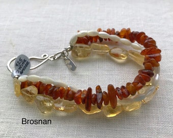 Amber, Citrine, and Mother of Pearl Bracelet, Handmade Bracelet, Birthstone Bracelet, Sterling Silver Clasp, Three Strand Bracelet, Gifts