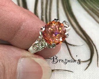 Brilliant Orange Mystic Topaz Fancy Color, 10mm Stone, Ring Size 11, Wire Wrapped Solitaire Ring-11, Sterling Silver Handmade Ring-11